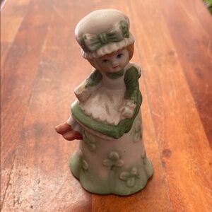 Vintage Ceramic Girl Figurine in Green and Cream